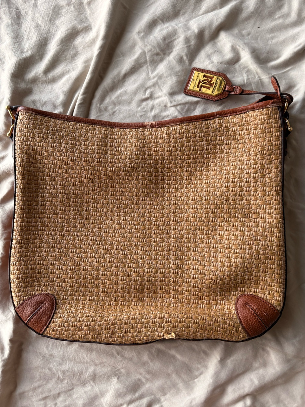 Ralph Lauren Woven Straw Shoulder Bag with Leather Trim - Tan/Brown